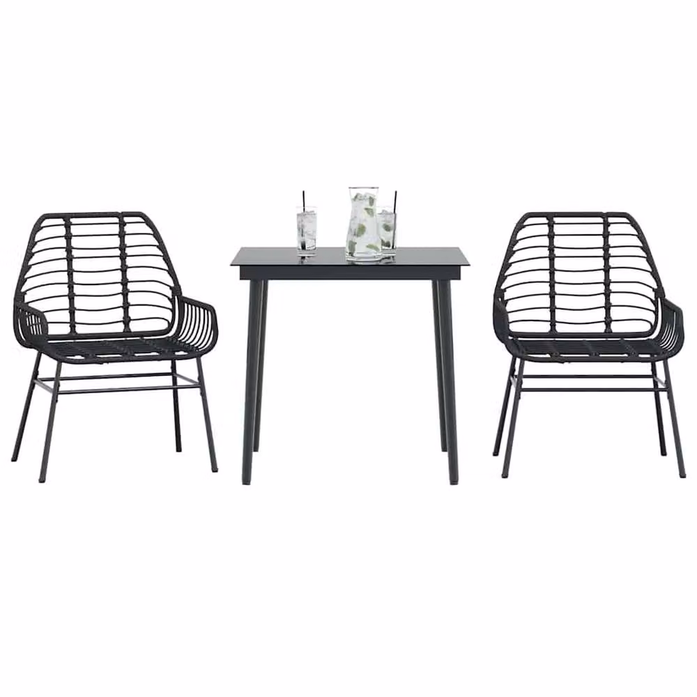 Berkfield Home Beautiful 3 Piece Black Poly Rattan Garden Dining Set with Glass Top – 2