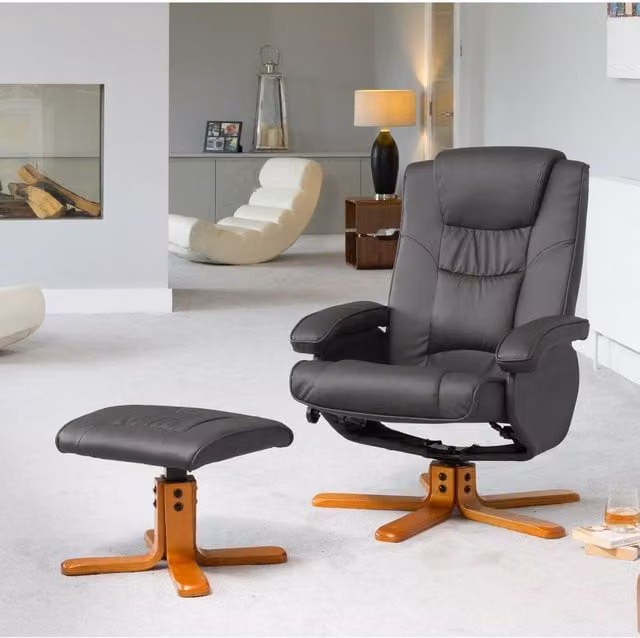 Artemis Home Severn Swivel Recliner Chair and Ottoman in Grey with Synthetic Leather and Solid Wood Frame – 1