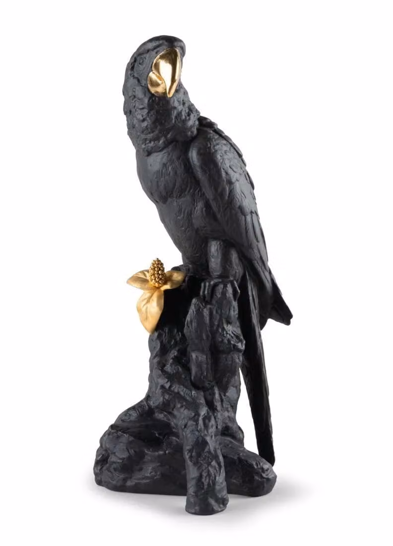 Lladró Macaw Bird Porcelain Sculpture in Black and Gold Limited Edition