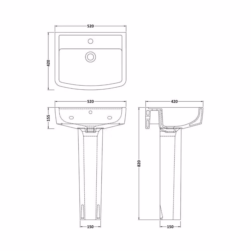 Nuie White Ceramic Square Pedestal Wash Basin W: 52 cm, D: 42 cm, H: 82 cm – 2