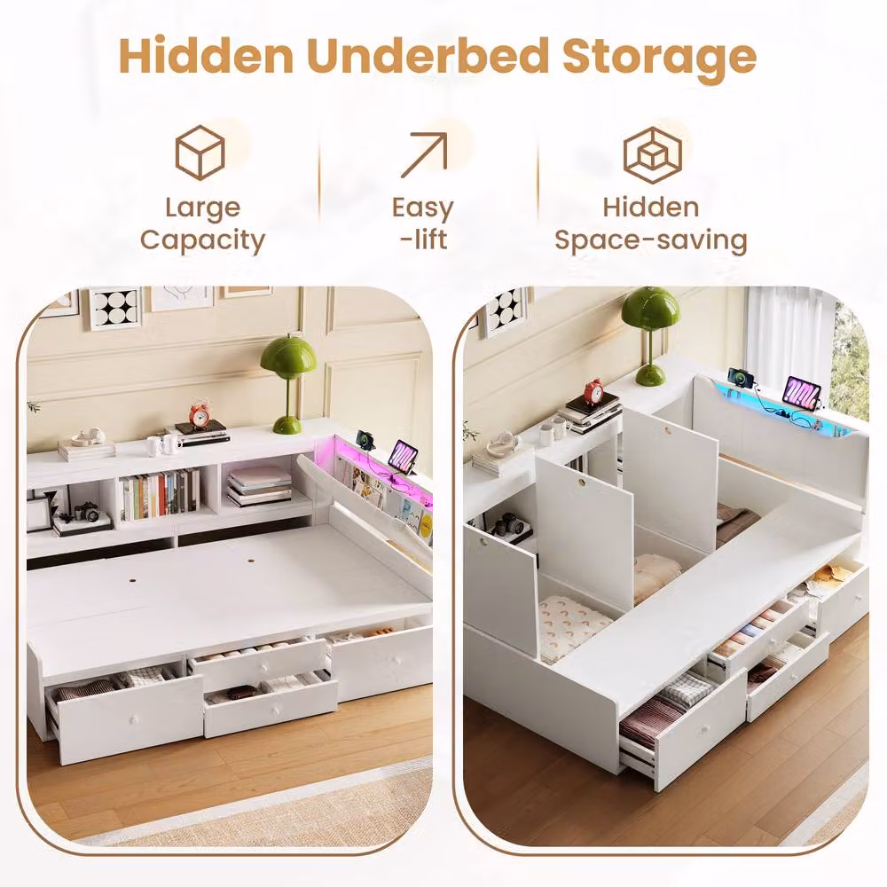 Merax Single Cabin Bed in White with LED Lighting, USB Charging Port and Fabric Headboard, W/D/H: 90 x 190 x 220 cm – 3