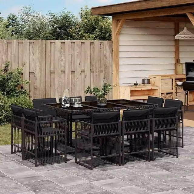Berkfield Home 11 Piece Black Poly Rattan Garden Dining Set with Cushions and Glass Tabletop – 1