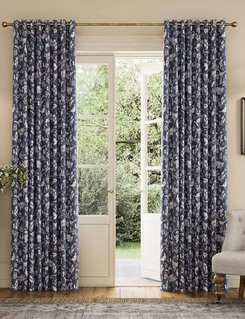 Joules Festival Pheasants Navy Mix Pure Cotton Eyelet Blackout Curtains H: 168 cm, W: 137 cm