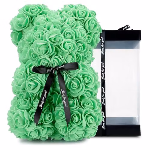 Tanness 25cm Artificial Rose Bear with Transparent Gift Box in Green – 1