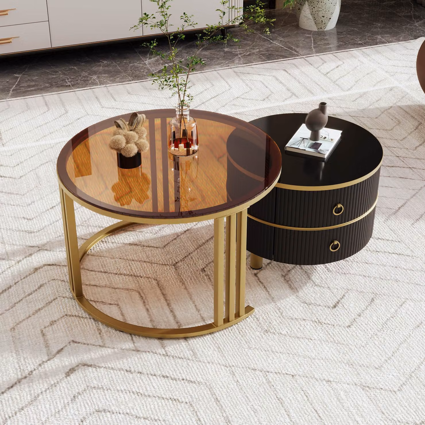 Aosom.UK 2-in-1 Round Coffee Table Set with High-Gloss and Tempered Glass Tops and 2 Drawers, Brown and Black, W/D/H: 70 x 70 x 45 cm and 50 x 50 x 40 cm – 3