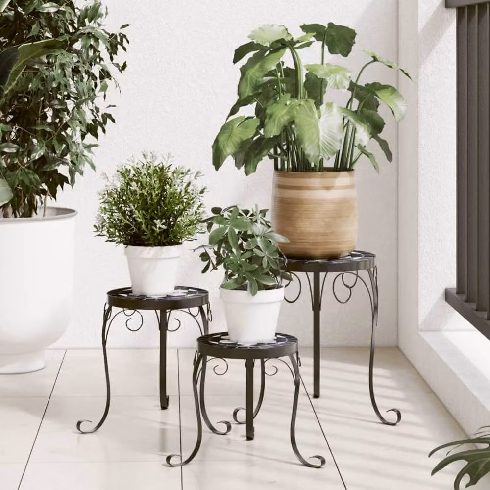 Berkfield Home Set of 3 Geometric Ceramic and Metal Tabletop Plant Stands in Black and White – 2