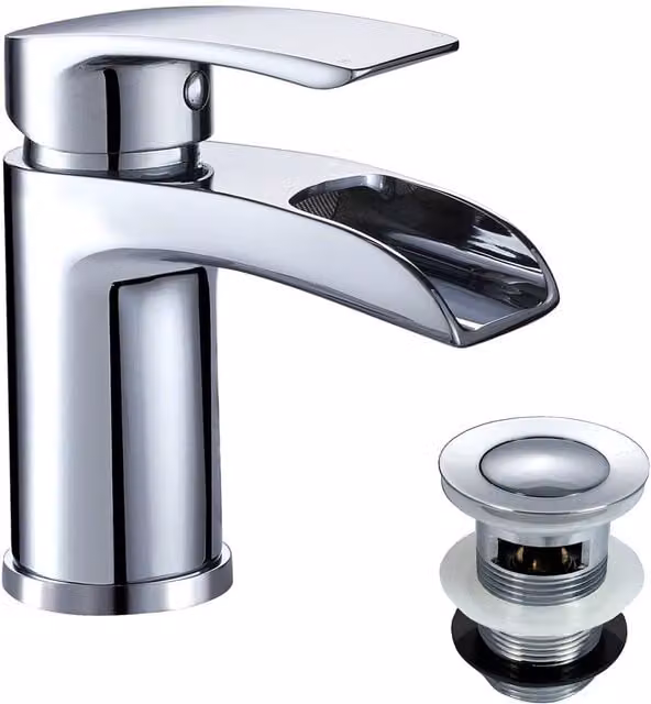 Nes Home Chrome Waterfall Basin Mono Mixer Tap with Pop Up Waste in Silver
