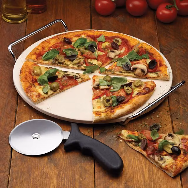 KitchenCraft World of Flavours Italian Pizza Stone Set, White, Round Ceramic Uncoated Baking Stone