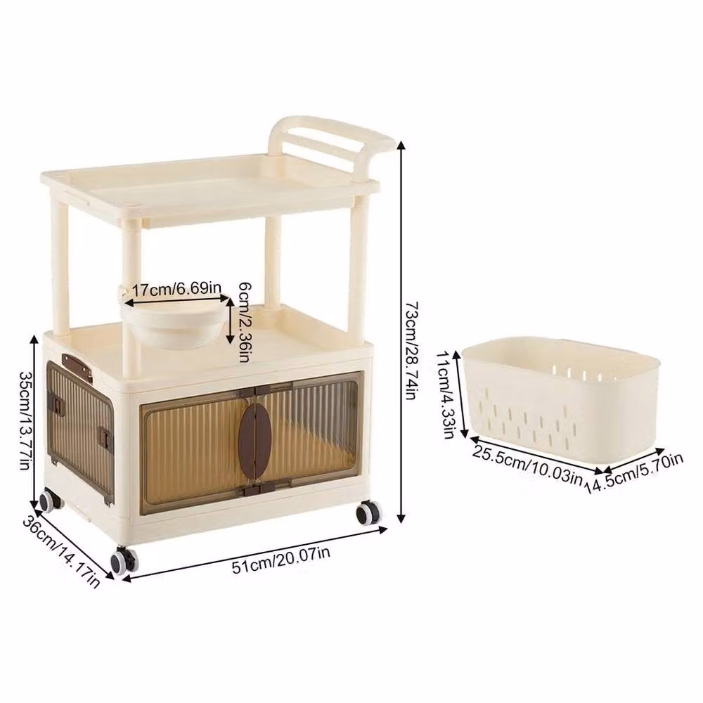 EONLION Beige Rolling Kitchen Cart with Cabinet and Open Shelf, W/D/H: 51 x 36 x 73 cm – 2