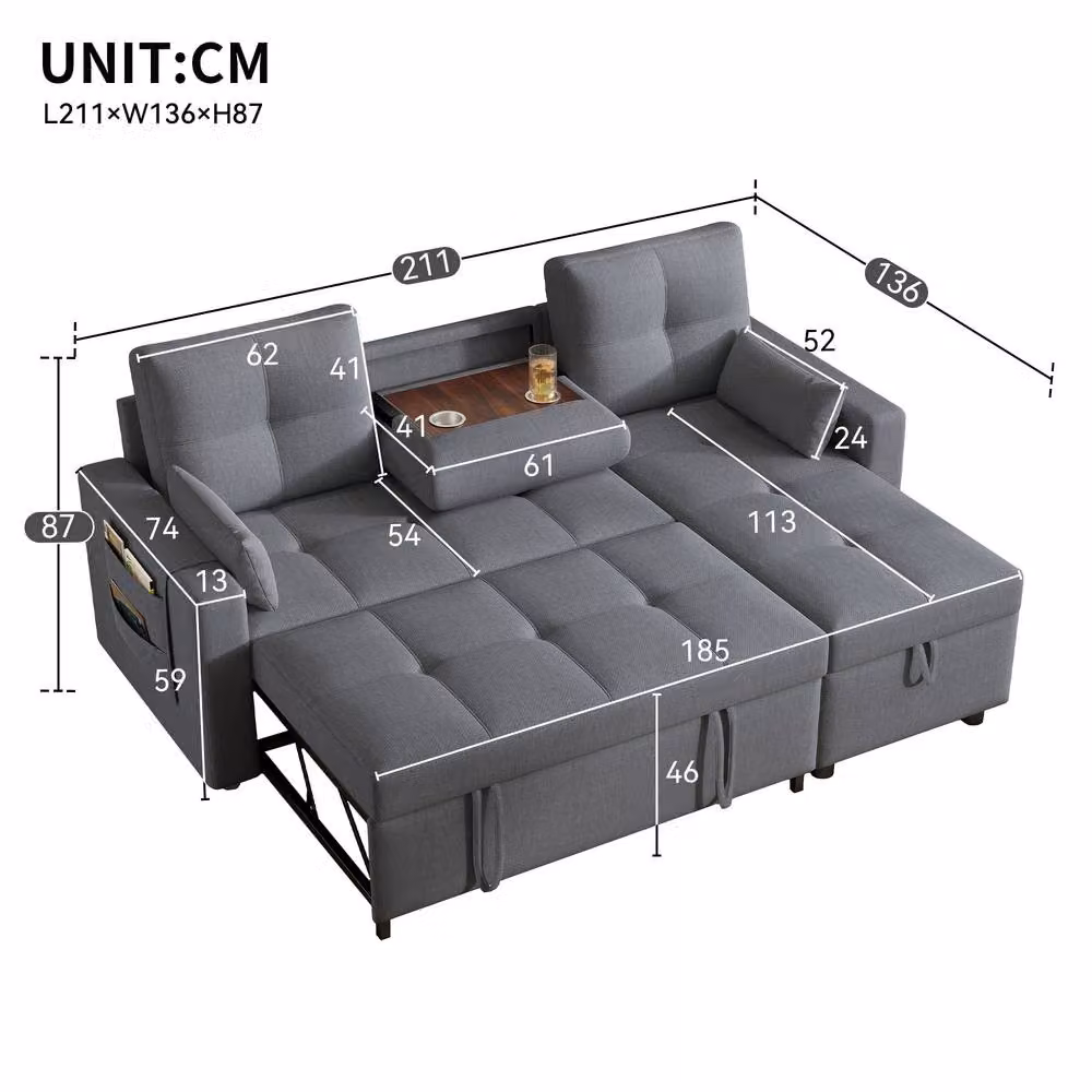 ModernLuxe Reversible L-Shape Sofa Bed in Grey with Pull Out Sleeper, Storage and Cup Holder – 5