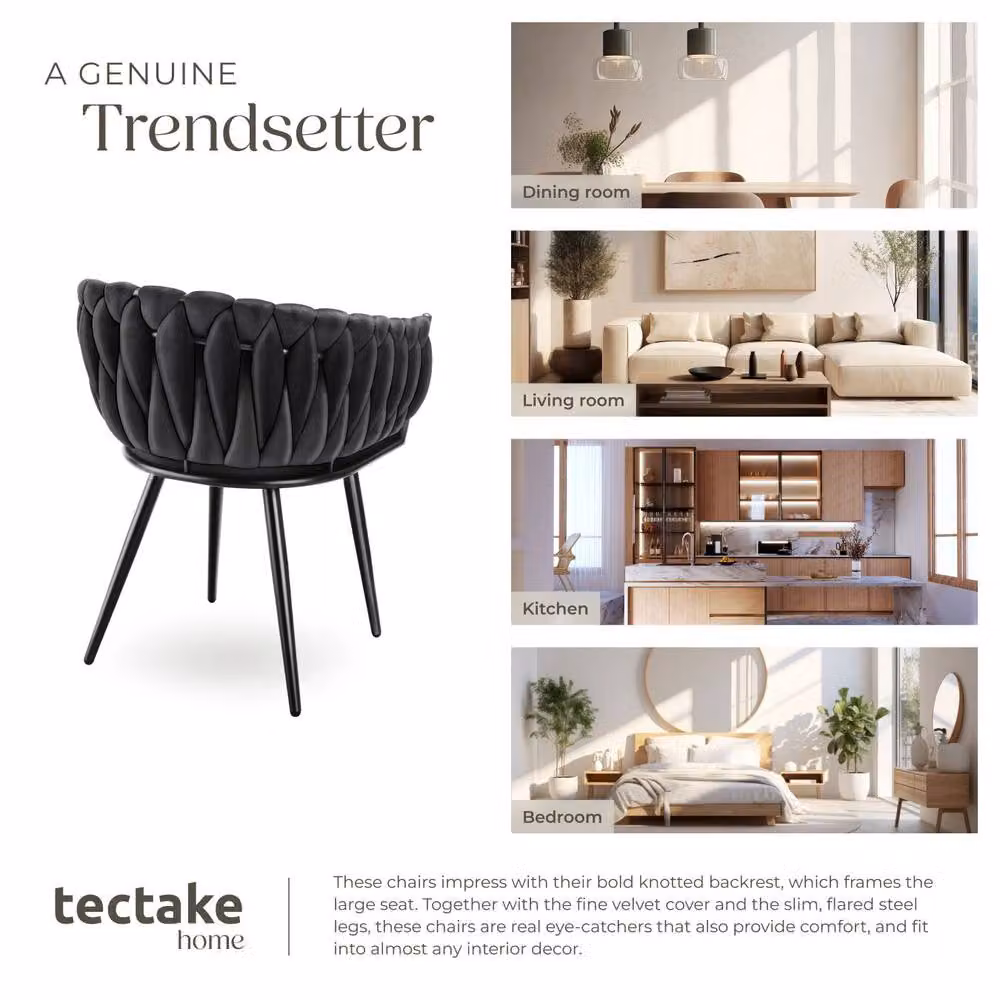 tectake Astano Dining Chair Set of 4, Black Velvet with Metal Frame and Knot Design – 6