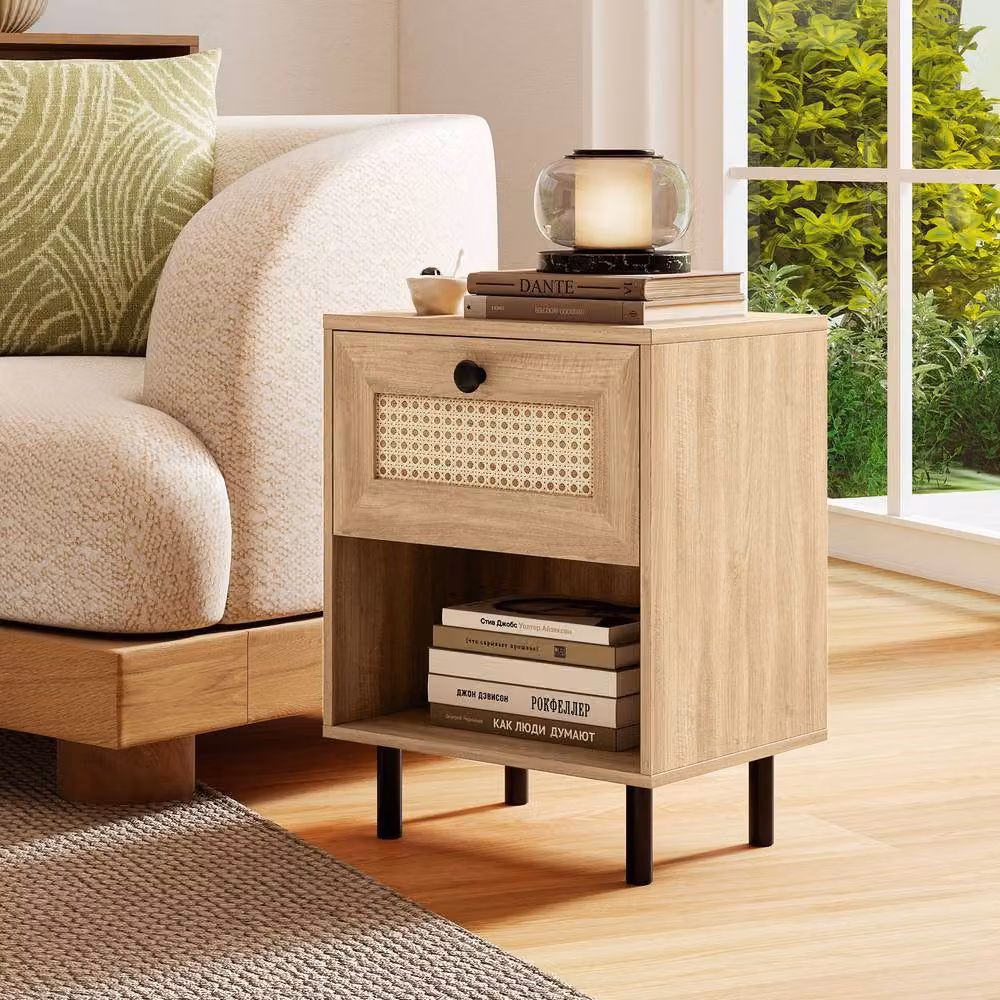 Gymax Set of 2 Boho Style Rattan Bedside Tables with Drawer and Metal Legs in Natural Brown – 6