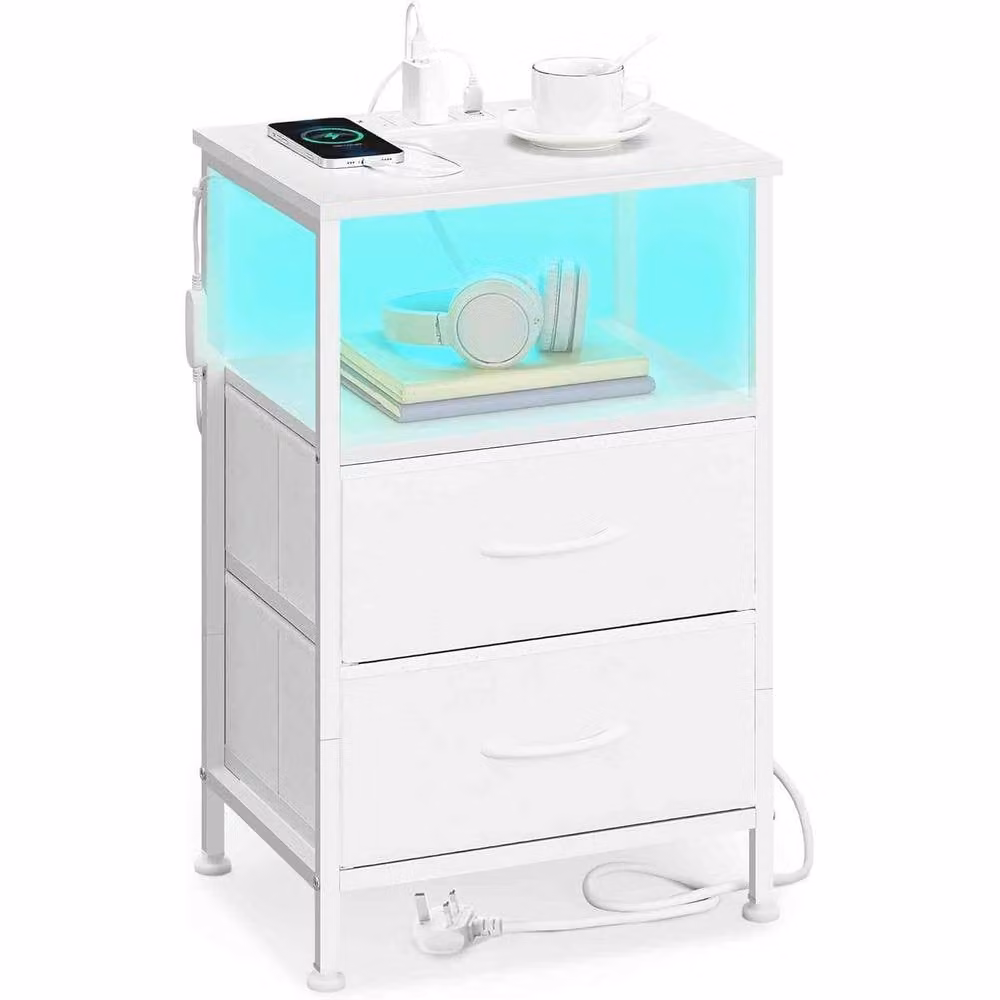 The Bazaarist LED Bedside Table with Charging Station and 2 Drawers in White – 1