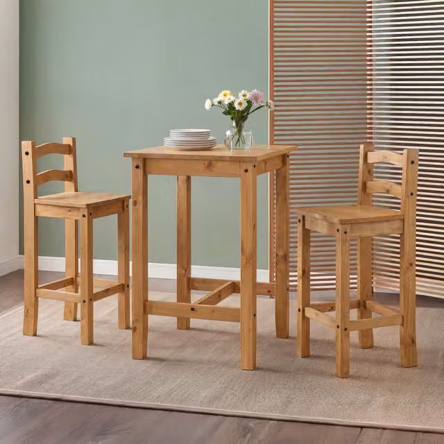 Mercers Furniture Corona Bistro Table and 2 Barstools Set in Rustic Brown and Grey Solid Mexican Pine with Antique Wax Finish