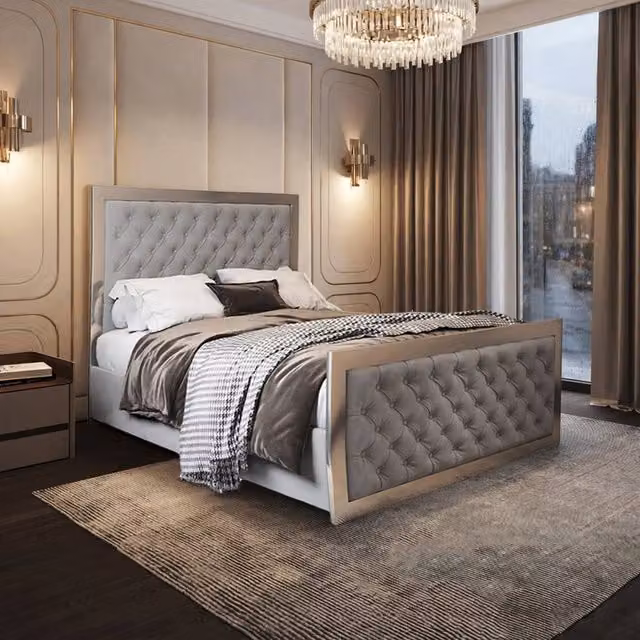 Casani Latimer Super King Upholstered Velvet Bed Frame in Grey and Black