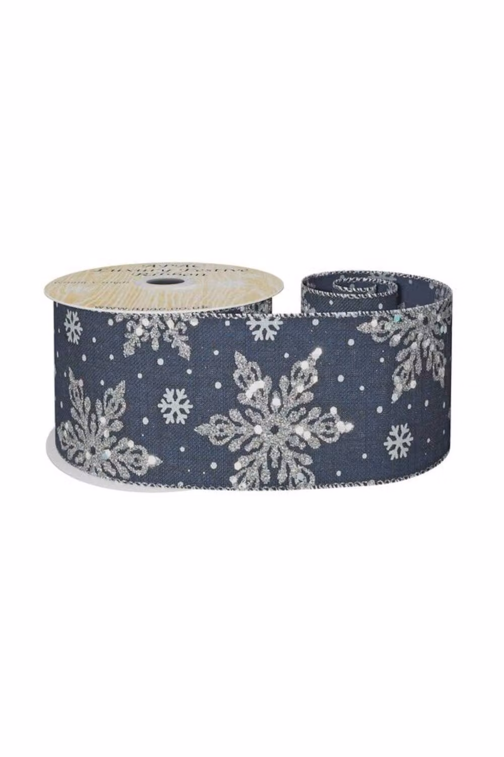 KDMD Dark Blue Ribbon with Silver Snowflakes, Width: 6.3 cm, Length: 9.14 m – 2