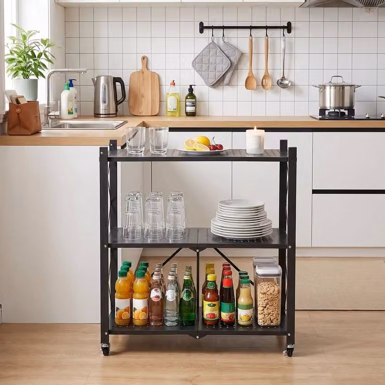 FORGEVIO Black 3-Tier Foldable Metal Storage Rack, W/D/H: 71 x 34 x 87 cm