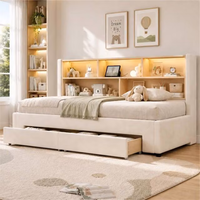 ModernLuxe Beige Velvet Upholstered Daybed with Pull Out Guest Bed, LED Storage Headboard and 2 Drawers, W/D/H: 191 x 90 x 82.5 cm