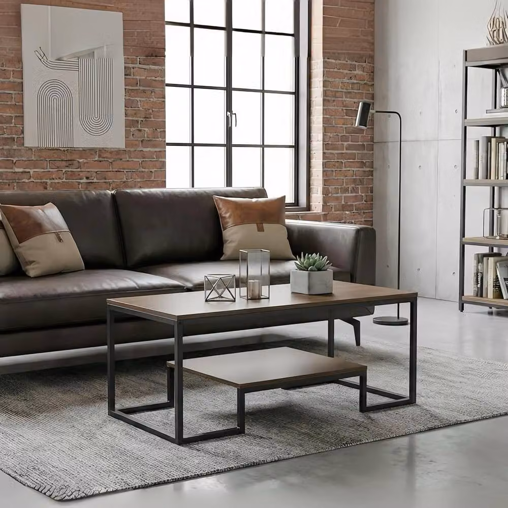 Alivio 2-Tier Modern Rectangular Industrial Style Coffee Table in Brown – 3
