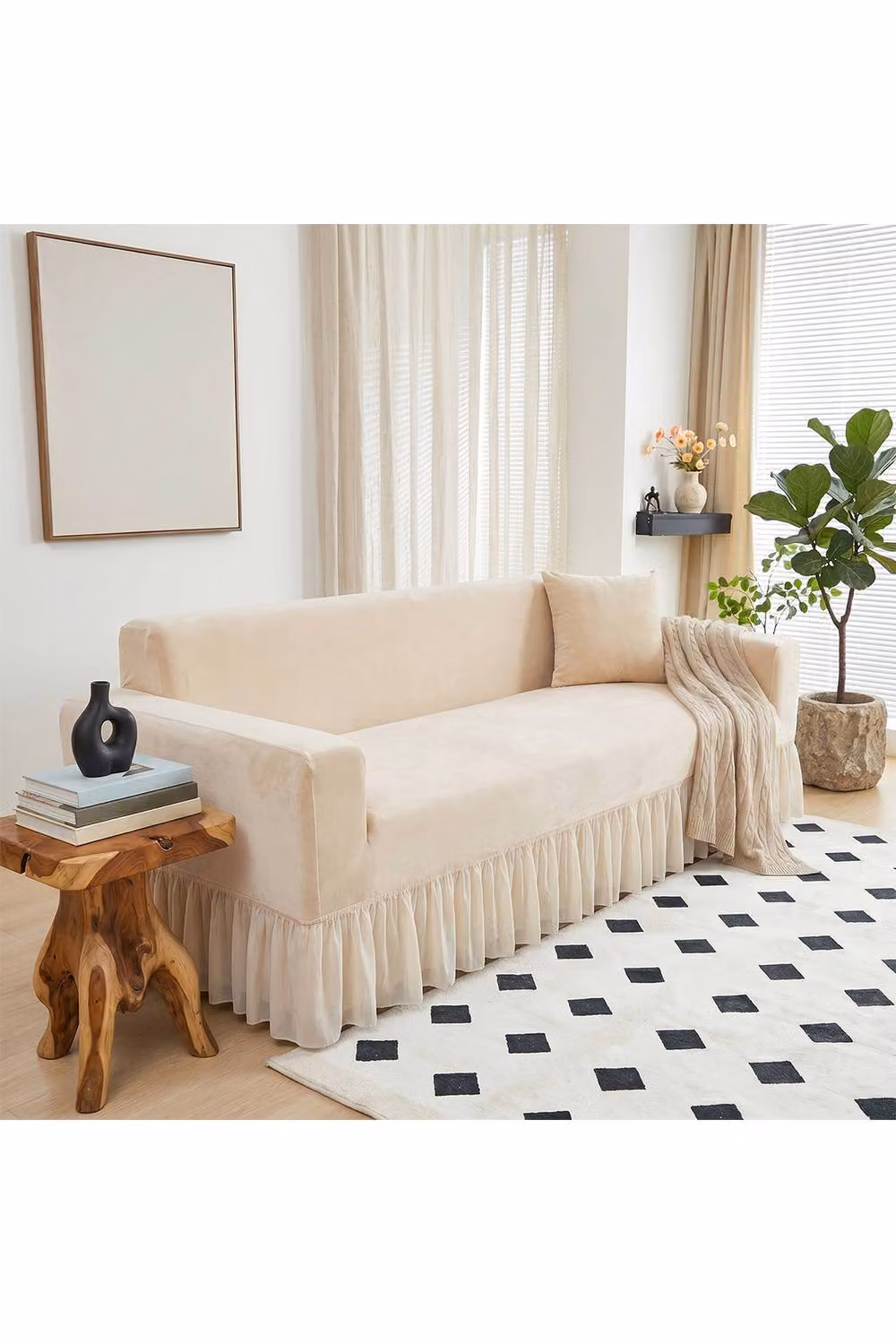Living and Home High Stretch Full-Coverage Sofa Cover with Foam Rods, Beige, Extra Large – 3