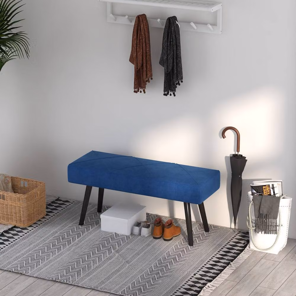 STILVORA Blue Velvet Upholstered Bench with Metal Legs – 9