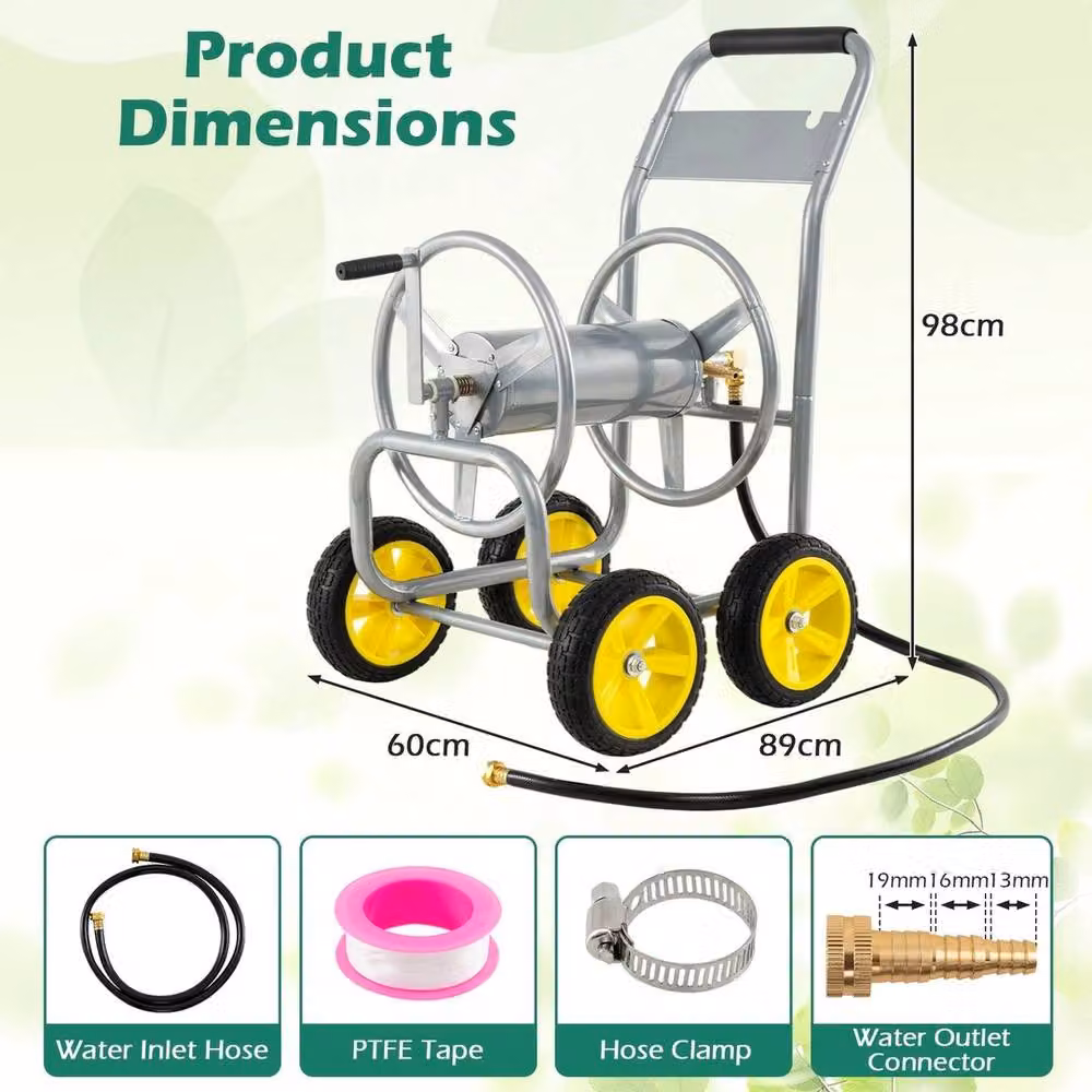 NESTLUNE Silver 4-Wheel Freestanding Garden Hose Reel Cart for 100 m Hoses – 2
