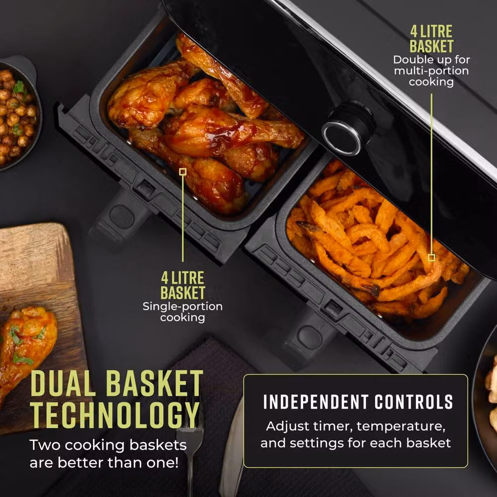 Tower T17195 Elite Dual Basket Air Fryer with Digital Control Panel and Viewing Windows in Grey and Black – 4