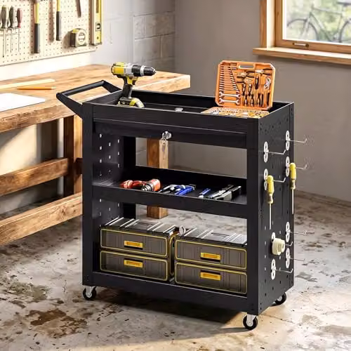 HOMCOM 3-Tier Steel Tool Cart with Pegboards, Drawer and Lockable Wheels, Black, W: 90.0 cm, D: 35.0 cm, H: 78.0 cm – 7