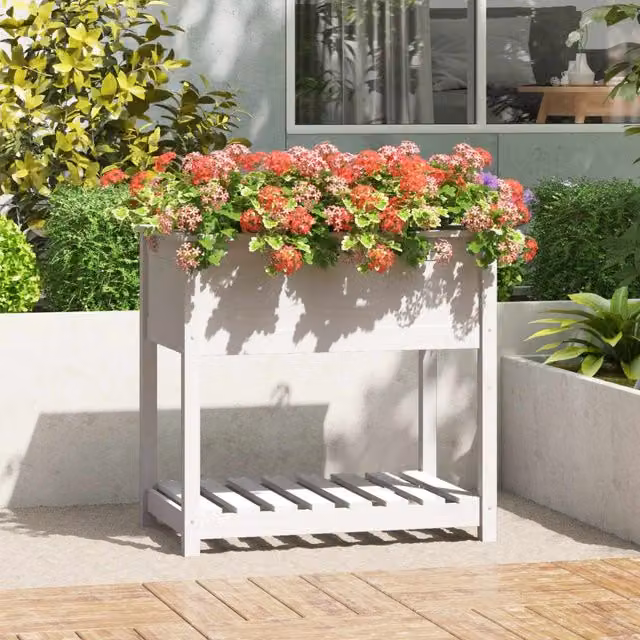 Berkfield White Solid Wood Pine Planter with Shelf, W: 82.5 cm, D: 54 cm, H: 81 cm