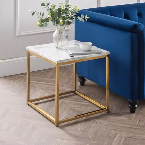 Julian Bowen Scala Square Lamp Table in White Marble and Gold