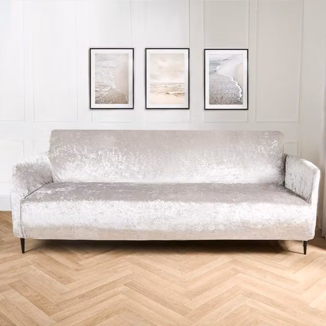 OHS Silver Crushed Velvet Stretch 3 Seater Sofa Protector Cover