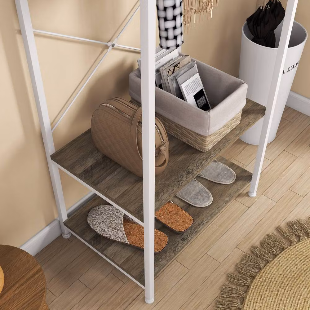 ERGOVEXA Grey and White Hallway Coat Rack and Shoe Bench with 2 Shelves – 4