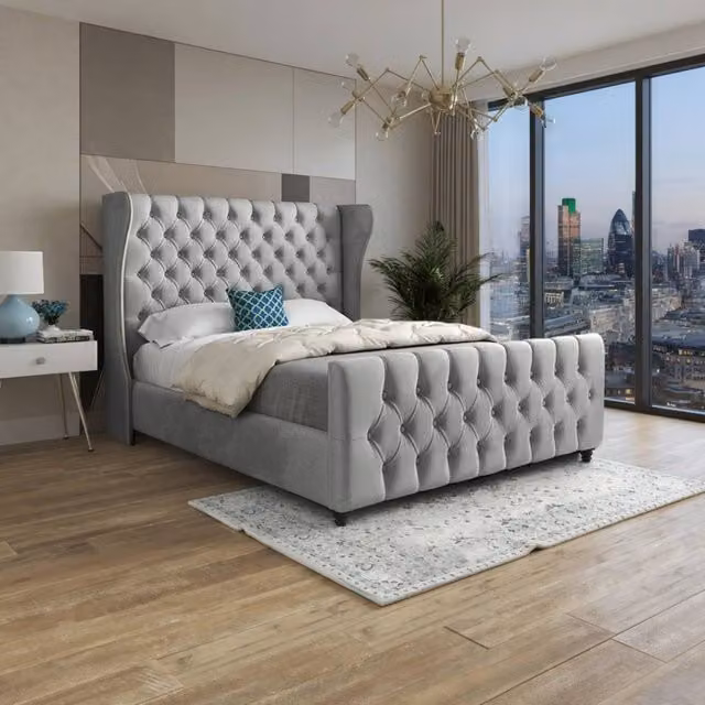 Casani Horsham King Size Upholstered Velvet Designer Bed Frame in Grey, W/D/H: 180 x 159 x 137 cm – 1