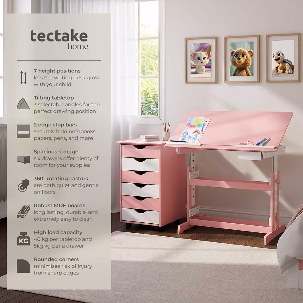 tectake Height-Adjustable Childrens Desk with Tilting Top in Pink – 2