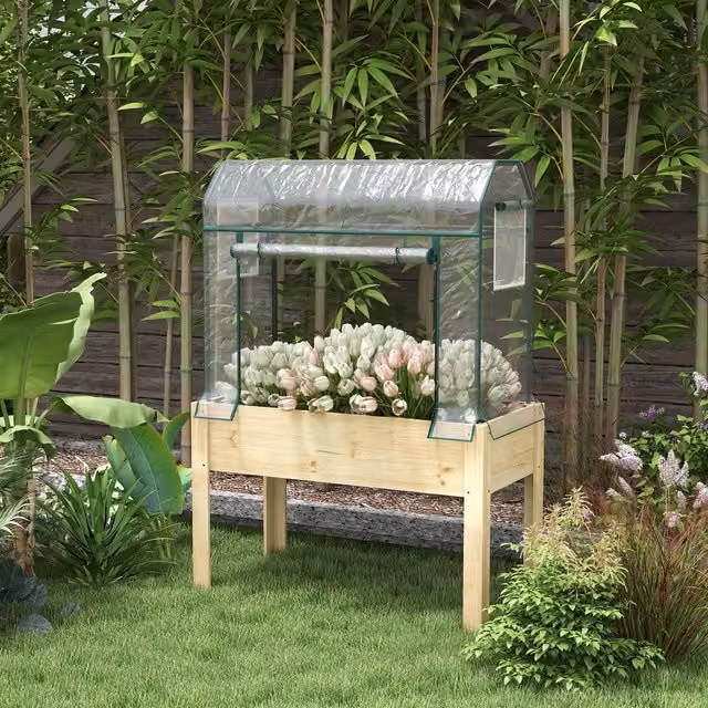 Outsunny Raised Garden Bed with Plastic Greenhouse Cover and Bed Liner in Turquoise and Natural Wood