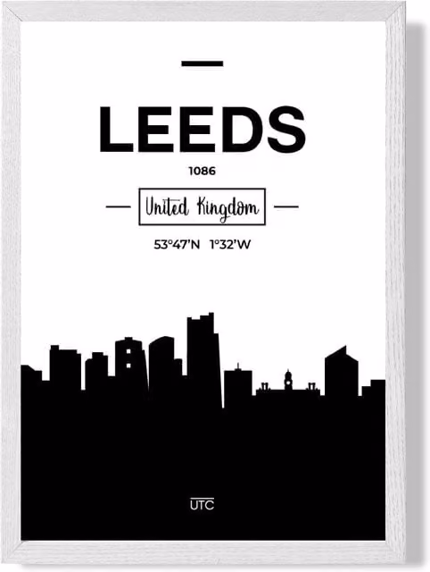 ARTZE Leeds Black and White City Skyline Framed Print, White Frame, W: 21.0 cm, H: 29.7 cm – 1
