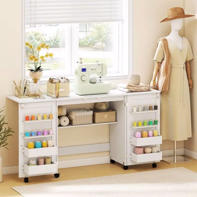HOMCOM Folding Sewing Table with 2 Magnetic Doors and Storage Shelf, White, W: 160 cm, D: 40 cm, H: 40 cm