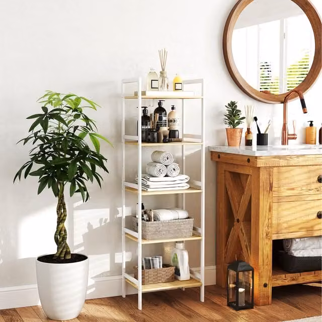 HOMCOM 4 Tier Bamboo Bathroom Storage Shelf with Adjustable Racks, White, Height: 142 cm
