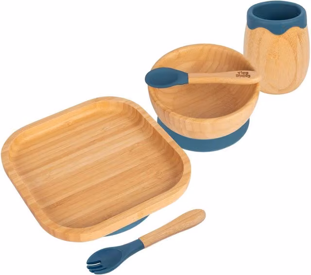 Tiny Dining 5pc Bamboo and Silicone Square Baby Weaning Set in Navy Blue