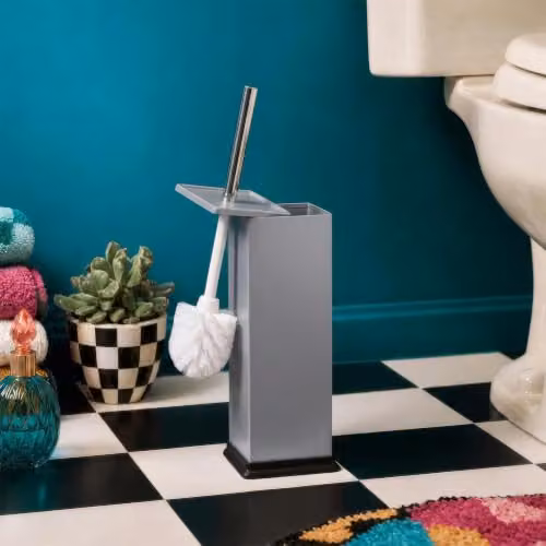 Harbour Housewares Matte Grey Square Toilet Brush and Holder Set of 2, Stainless Steel and Plastic Freestanding Design with Enclosed Cover – 2