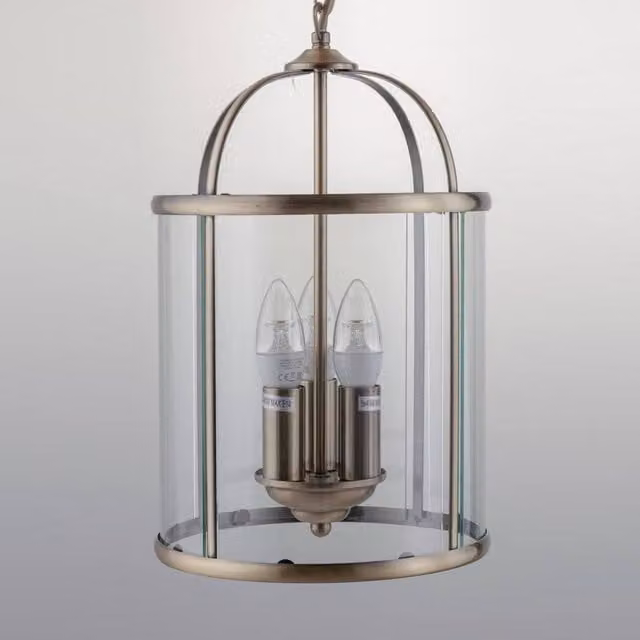 First Choice Lighting Antique Brass 3 Lamp Lantern Style Pendant in Bronze with Transparent Glass