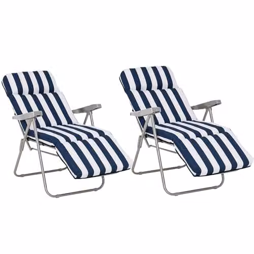 Outsunny Set of 2 Adjustable Reclining Garden Sun Loungers with Cushions in Blue
