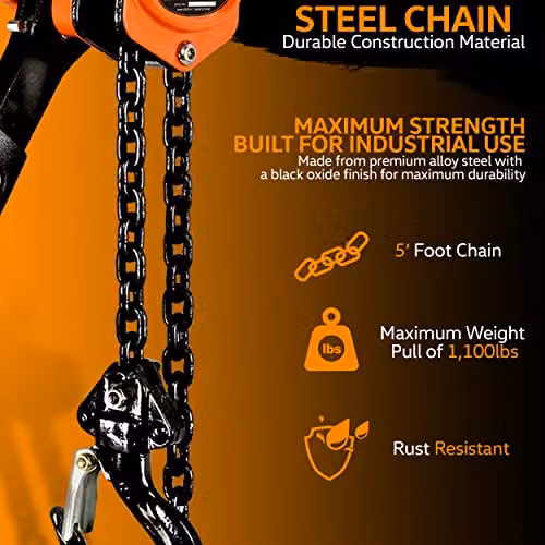 SuperHandy Mini Lever Hoist, 1.5 Ton Capacity, Black and Orange Steel Manual Chain Hoist with 2 Heavy Duty Hooks – 3