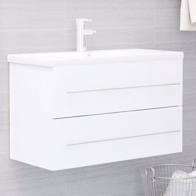 Berkfield Home Modern White Bathroom Sink Cabinet with Built-in Ceramic Basin and Internal Drawers