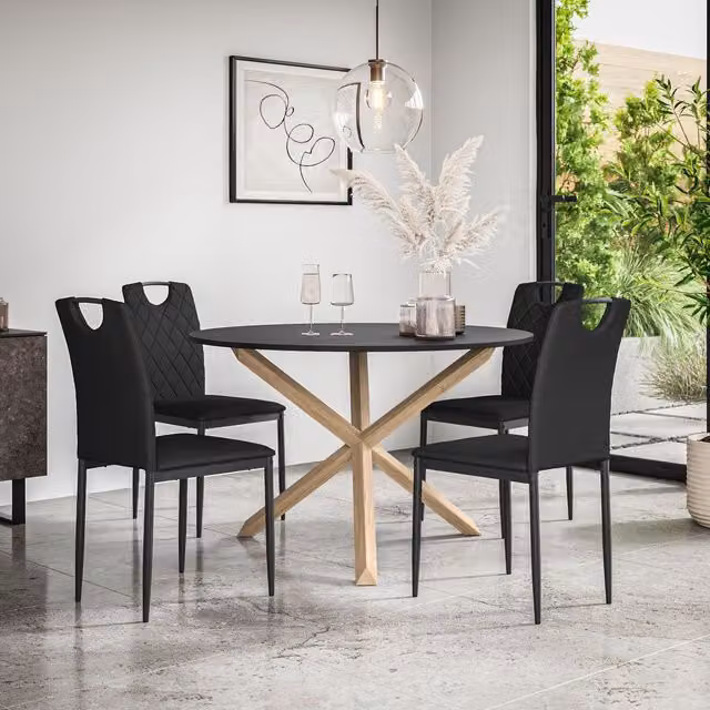 More4Homes Malvern Round Dining Table and 4 Monza Faux Leather Chairs Set, Black Table Top with Solid Oak Legs, Diameter: 120 cm, Height: 75 cm