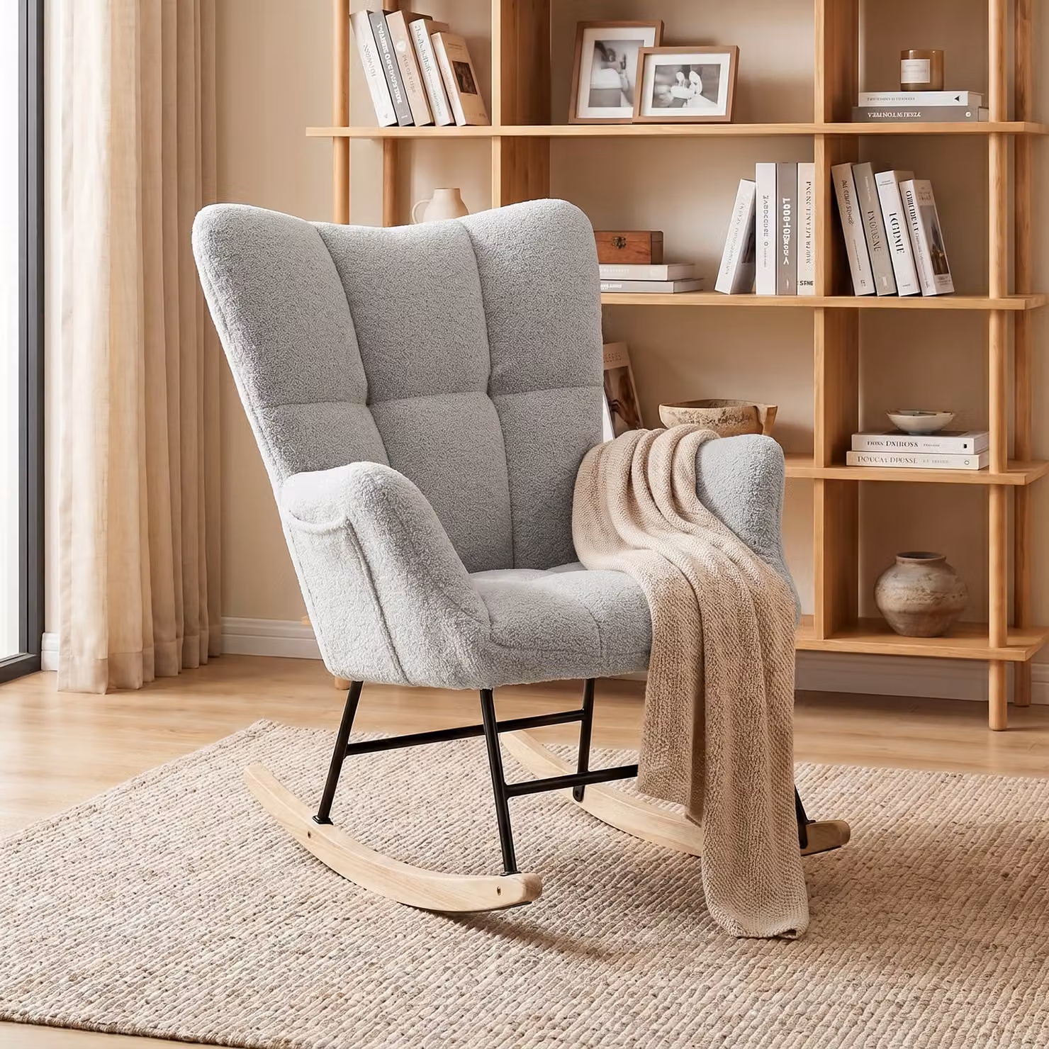 HOMCOM Grey Bouclé Rocking Chair with Armrests and Rubberwood Legs – 2