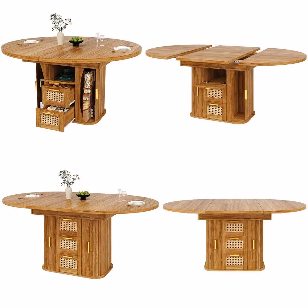 Matteo Extendable Dining Table in Brown Wood Effect with Rattan Drawers – 4