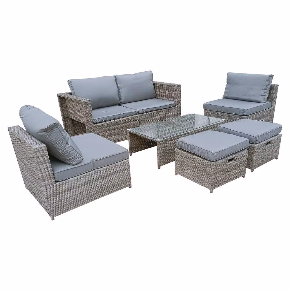 FURNITURE ONE 7 Piece L-Shape PE Rattan Garden Sofa Set with Glass Coffee Table in Grey – 2