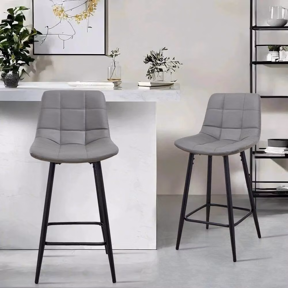 FORGEVIO Set of 2 Grey Faux Leather Tall Bar Stools with Metal Frame – 2