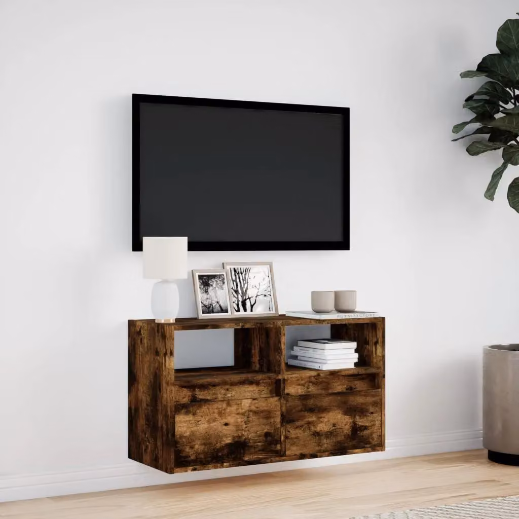 Berkfield Home Modern Wall Mounted TV Cabinet with LED Lighting in Smoked Oak Brown, W/D/H: 80 x 31 x 45 cm – 4
